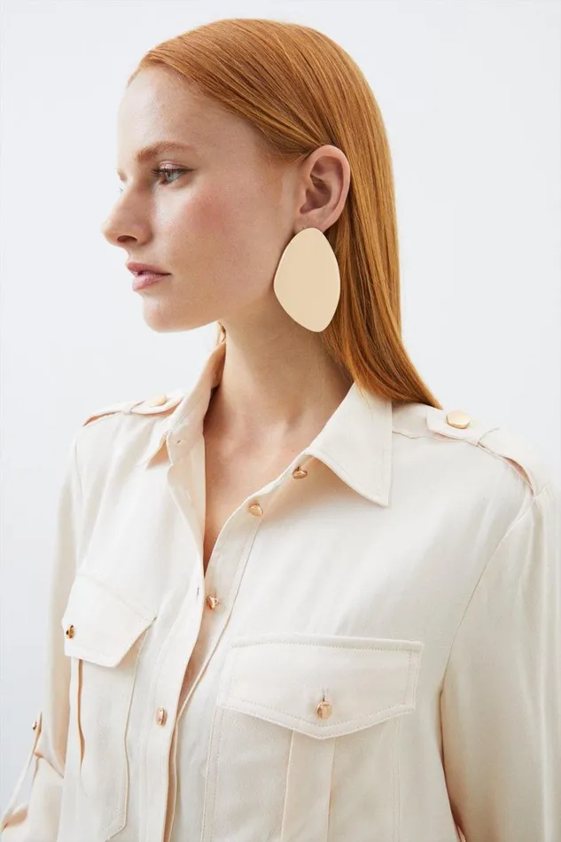 Shirts Women Karen Millen Satin Long Sleeve Pocket Detail Woven Shirt Ivory