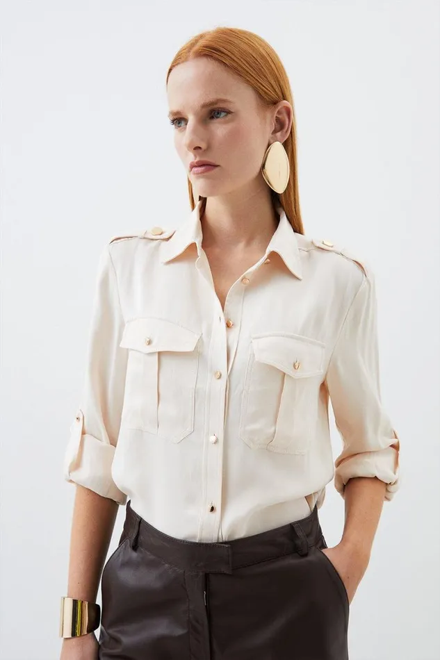 Shirts Women Karen Millen Satin Long Sleeve Pocket Detail Woven Shirt Ivory