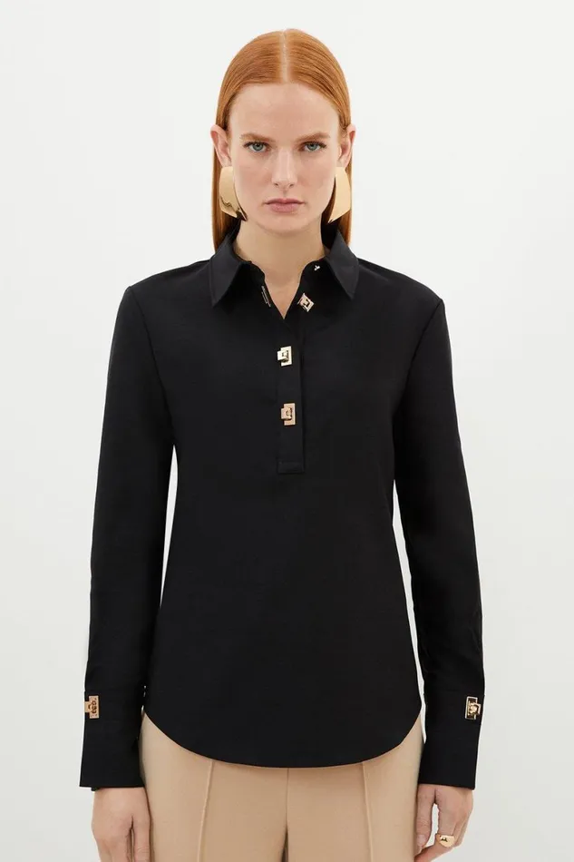 Shirts Women Karen Millen Techno Cotton Woven Shirt With Gold Clasp Black