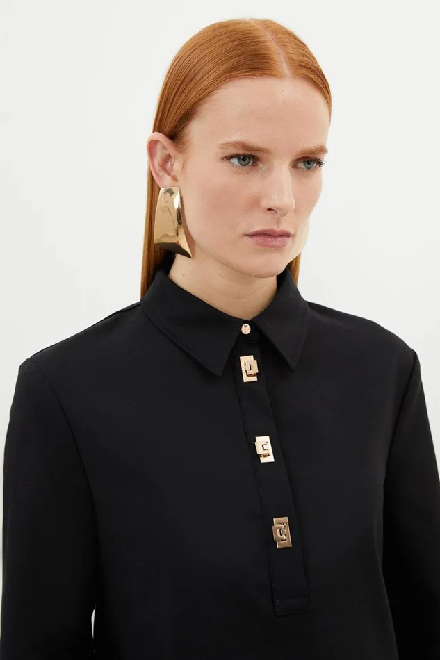 Shirts Women Karen Millen Techno Cotton Woven Shirt With Gold Clasp Black