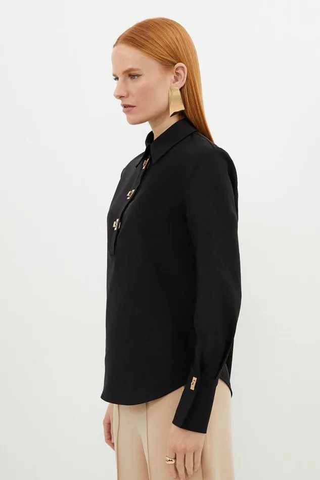Shirts Women Karen Millen Techno Cotton Woven Shirt With Gold Clasp Black