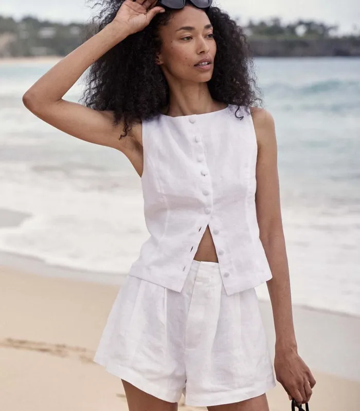 Shop LARUE LINEN SHORT Salt DEN Pants and Shorts