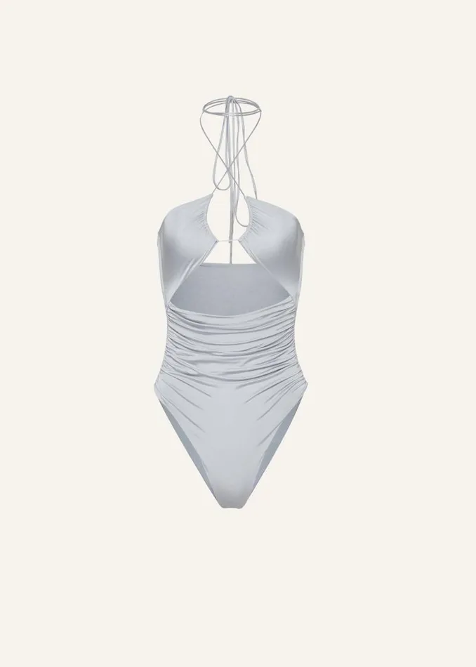 Shop Magda Butrym Beachwear Criss Cross Halter Swimsuit In Metallic Grey