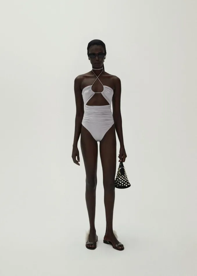 Shop Magda Butrym Beachwear Criss Cross Halter Swimsuit In Metallic Grey Shop Magda Butrym Beachwear Criss Cross Halter Swimsuit In Metallic Grey