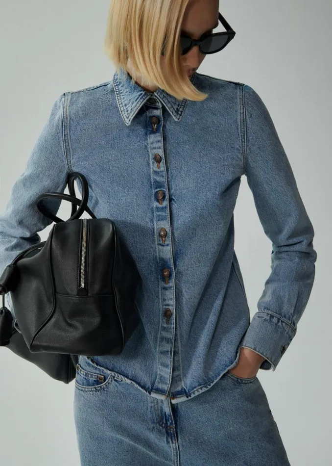 Shop Magda Butrym Denim Fitted Denim Shirt In Faded Blue Shop Magda Butrym Denim Fitted Denim Shirt In Faded Blue