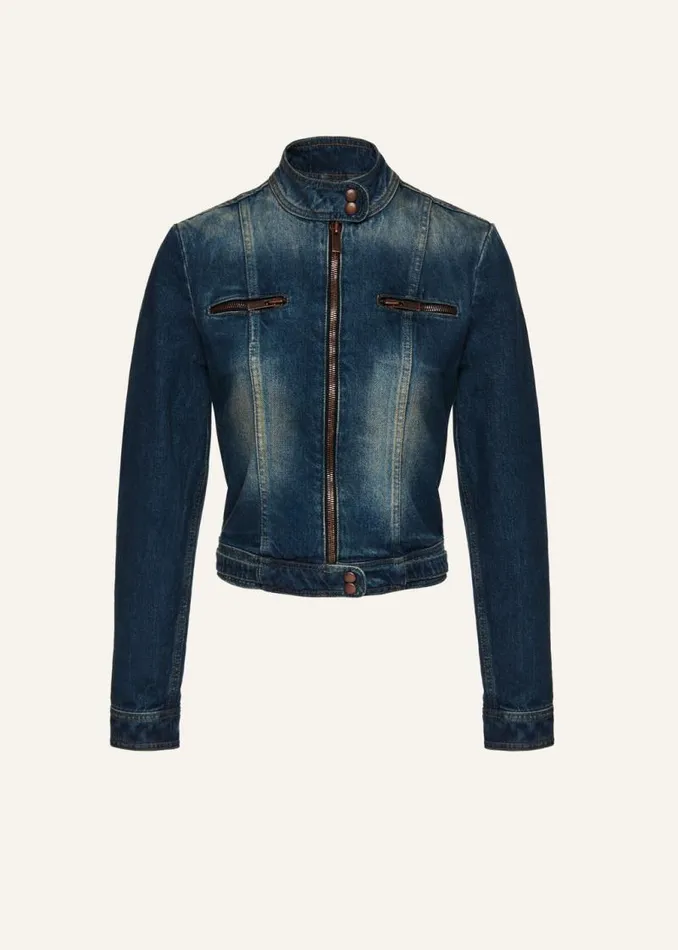 Shop Magda Butrym Denim Zip Up Fitted Denim Jacket In Vintage Blue