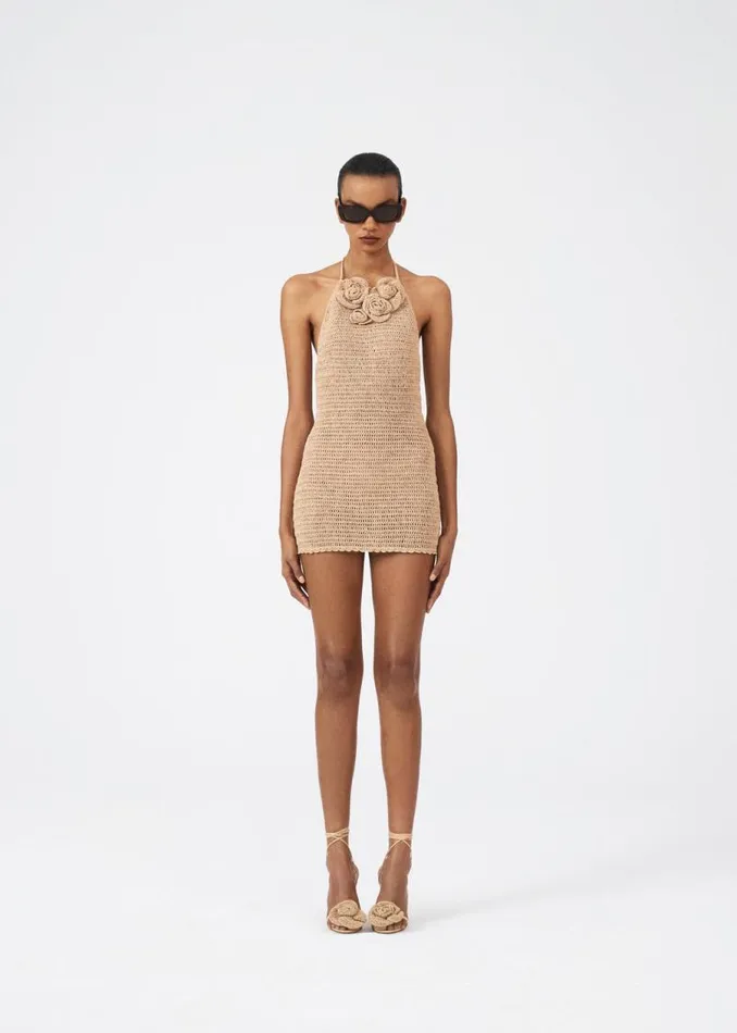 Shop Magda Butrym Dresses Crochet Flower Halter Dress In Beige Shop Magda Butrym Dresses Crochet Flower Halter Dress In Beige