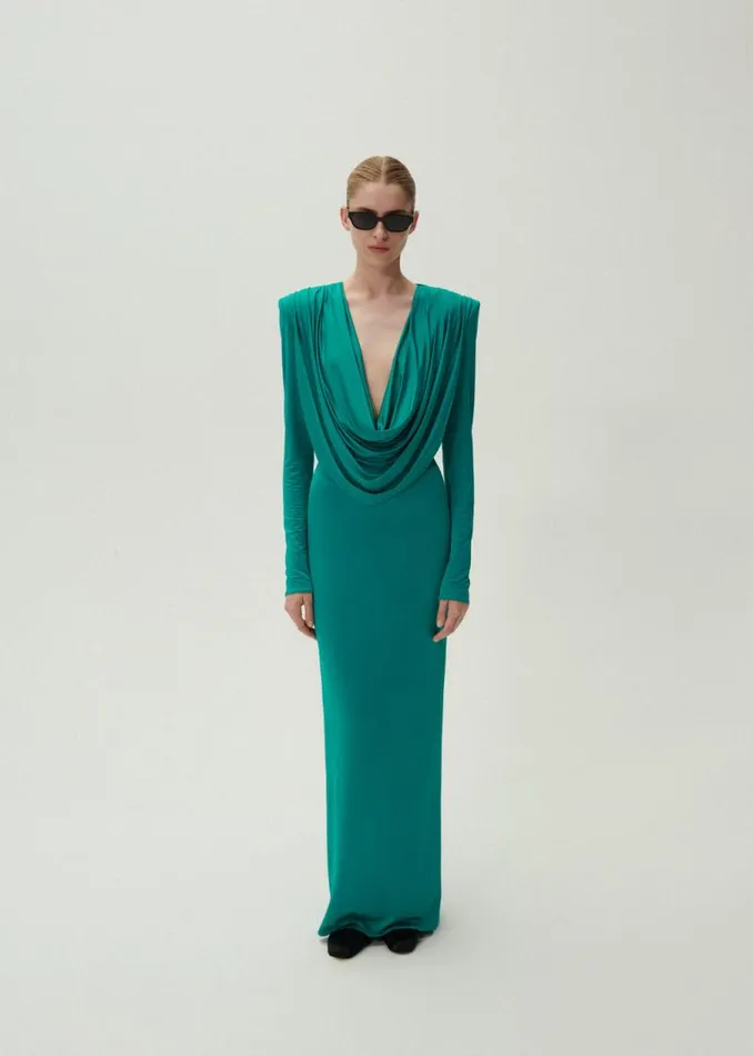 Shop Magda Butrym Dresses Long Sleeve Draped Maxi Dress In Jade Shop Magda Butrym Dresses Long Sleeve Draped Maxi Dress In Jade