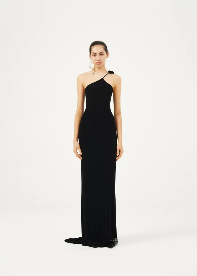 Shop Magda Butrym Dresses Oneshoulder Rosette Jersey Maxi Dress In Black Shop Magda Butrym Dresses Oneshoulder Rosette Jersey Maxi Dress In Black