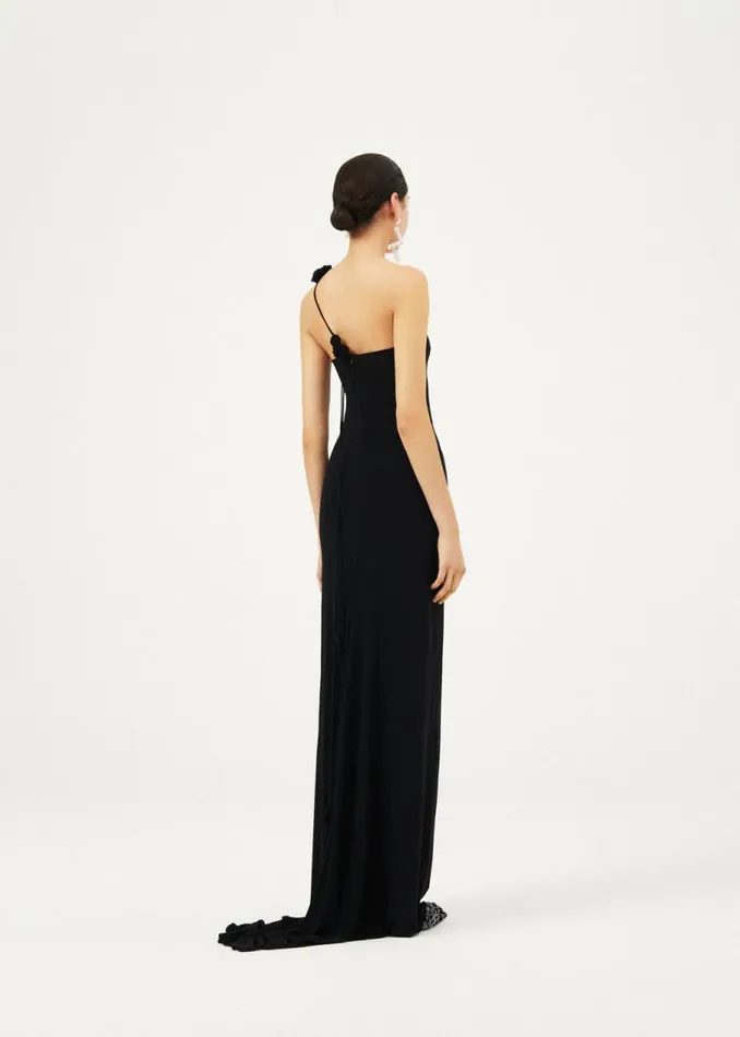 Shop Magda Butrym Dresses Oneshoulder Rosette Jersey Maxi Dress In Black Shop Magda Butrym Dresses Oneshoulder Rosette Jersey Maxi Dress In Black