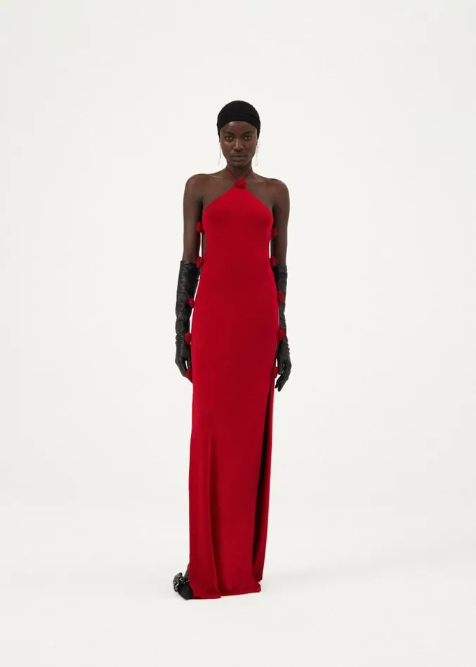 Shop Magda Butrym Dresses Open Side Rosette Halter Jersey Maxi Dress In Red Shop Magda Butrym Dresses Open Side Rosette Halter Jersey Maxi Dress In Red