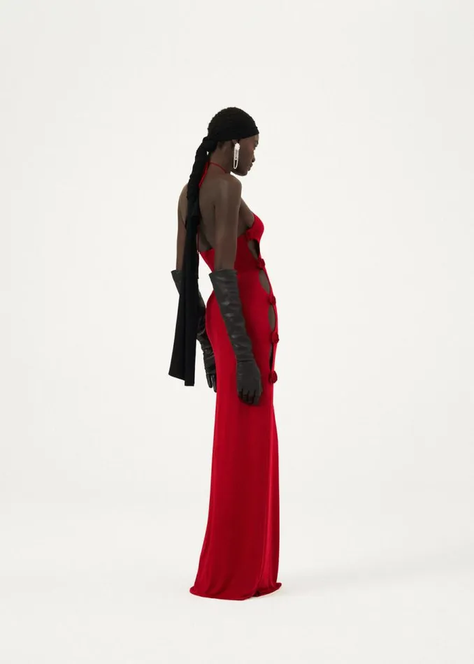 Shop Magda Butrym Dresses Open Side Rosette Halter Jersey Maxi Dress In Red Shop Magda Butrym Dresses Open Side Rosette Halter Jersey Maxi Dress In Red