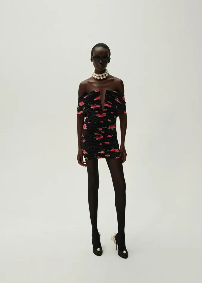 Shop Magda Butrym Dresses V Neck Ruched Dress In Black Print Shop Magda Butrym Dresses V Neck Ruched Dress In Black Print