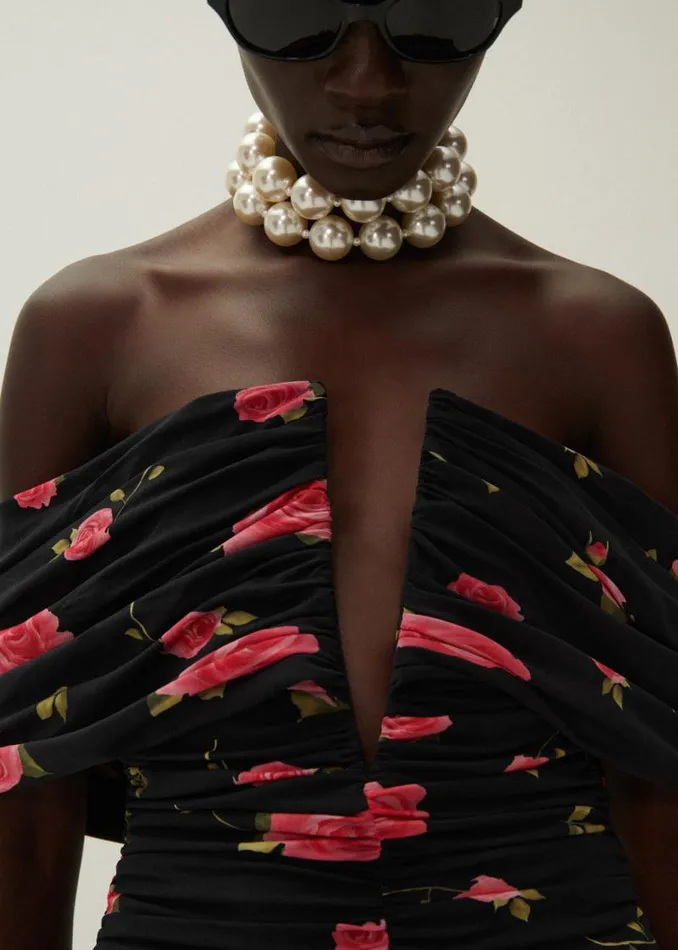 Shop Magda Butrym Dresses V Neck Ruched Dress In Black Print Shop Magda Butrym Dresses V Neck Ruched Dress In Black Print
