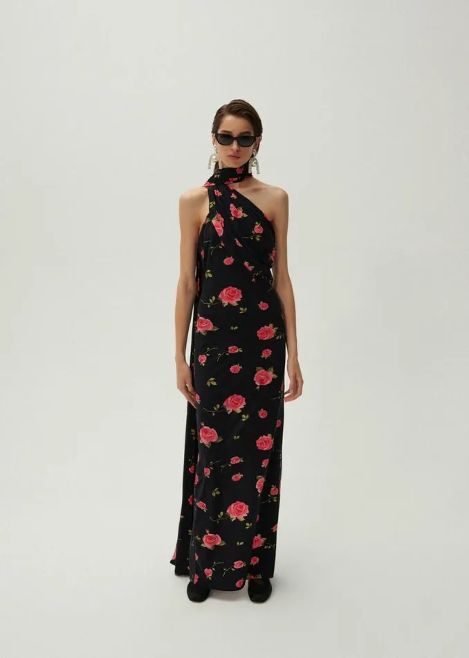 Shop Magda Butrym Dresses Wrap Neck Maxi Dress In Black Print Shop Magda Butrym Dresses Wrap Neck Maxi Dress In Black Print