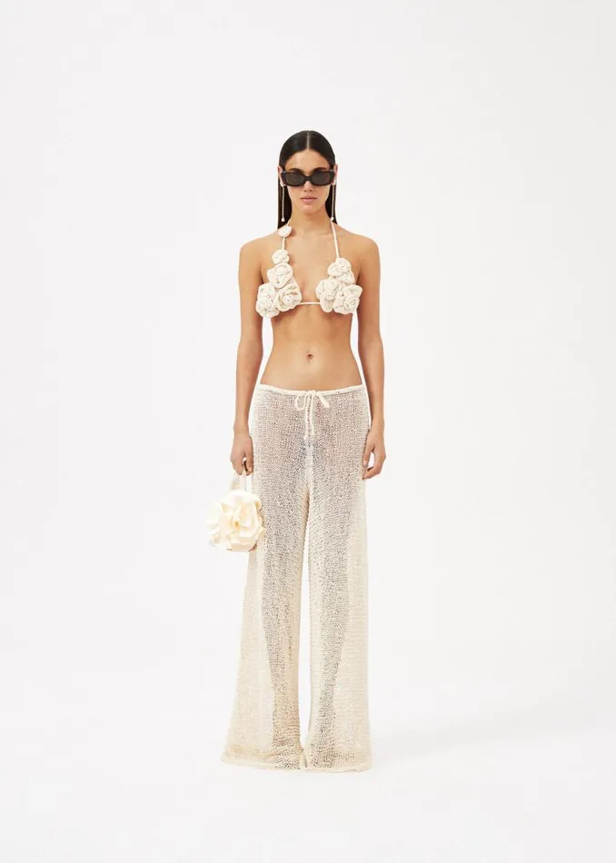 Shop Magda Butrym Handmade Netted Crochet Wide Leg Pants In Cream Shop Magda Butrym Handmade Netted Crochet Wide Leg Pants In Cream