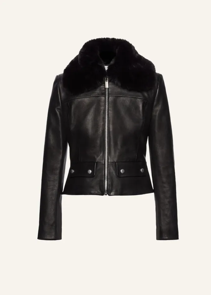Shop Magda Butrym Leather And Shearling Aviator Faux Fur Leather Jacket In Black