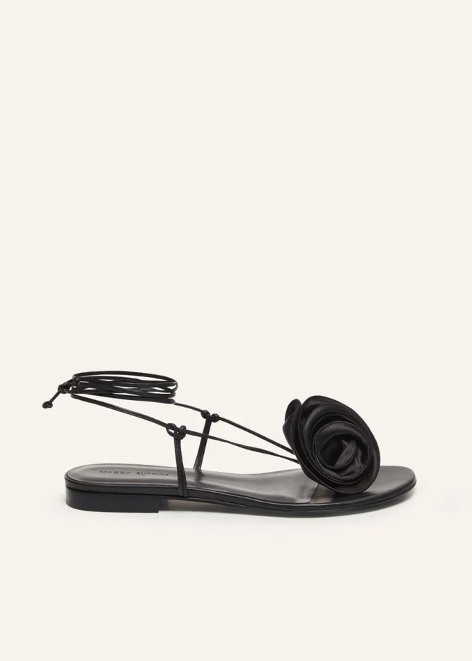 Shop Magda Butrym Shoes Wrap Around Flat Flower Sandals In Black Satin