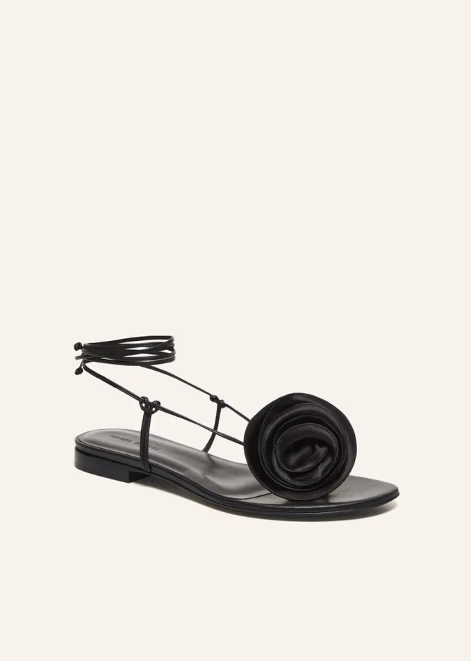 Shop Magda Butrym Shoes Wrap Around Flat Flower Sandals In Black Satin Shop Magda Butrym Shoes Wrap Around Flat Flower Sandals In Black Satin