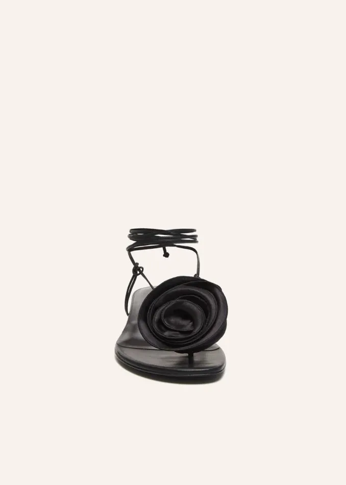 Shop Magda Butrym Shoes Wrap Around Flat Flower Sandals In Black Satin Shop Magda Butrym Shoes Wrap Around Flat Flower Sandals In Black Satin