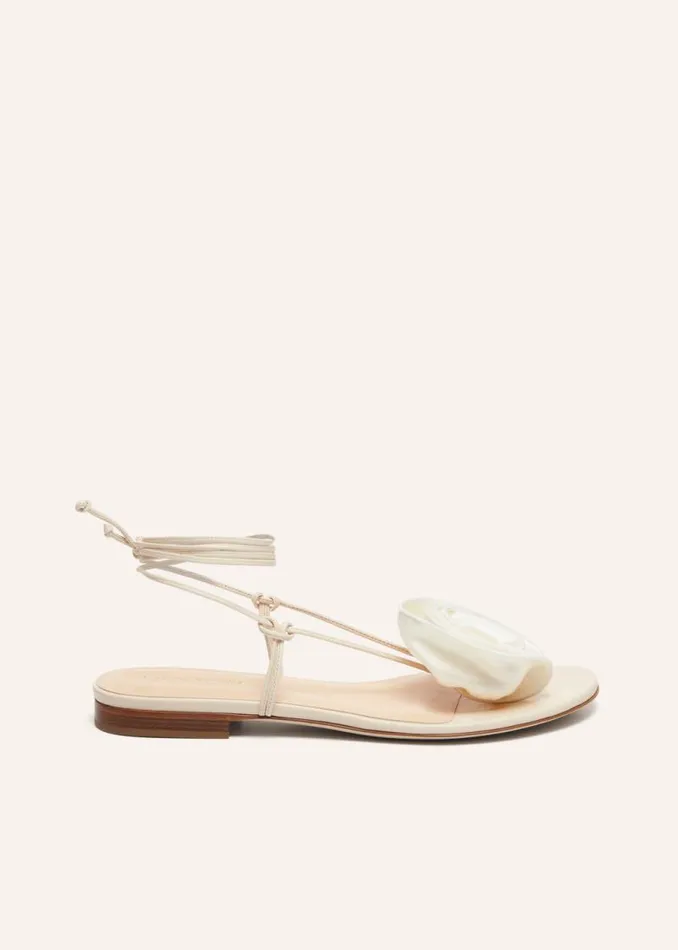 Shop Magda Butrym Shoes Wrap Around Flat Flower Sandals In Cream Satin