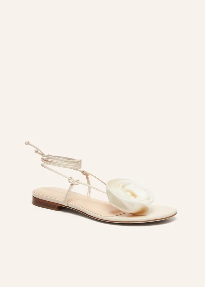 Shop Magda Butrym Shoes Wrap Around Flat Flower Sandals In Cream Satin Shop Magda Butrym Shoes Wrap Around Flat Flower Sandals In Cream Satin