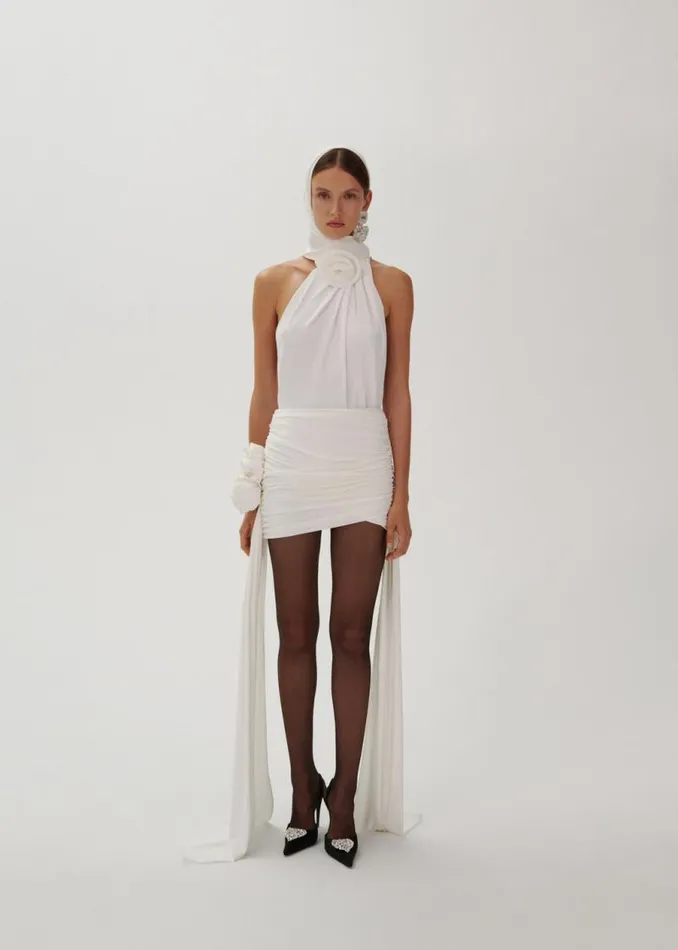 Shop Magda Butrym Skirts Double Sash Draped Mini Skirt In White Shop Magda Butrym Skirts Double Sash Draped Mini Skirt In White