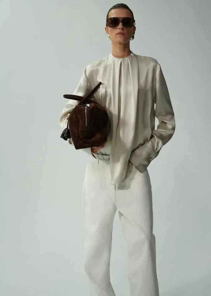Shop Magda Butrym Tops Round Neck Silk Blouse In Grey Shop Magda Butrym Tops Round Neck Silk Blouse In Grey