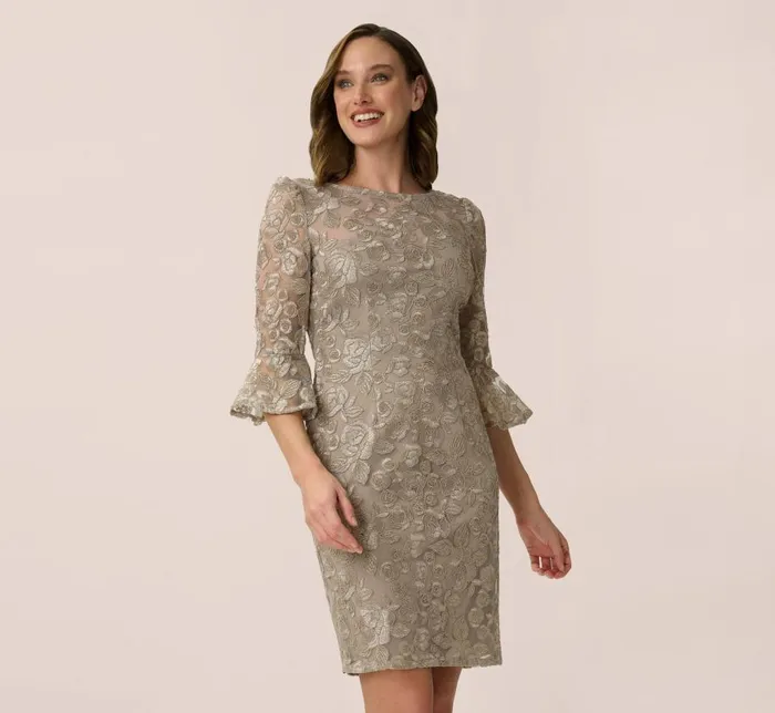 Short Dresses Womens Adrianna Papell Bell Sleeve Rose Embroidered Sheath Dress In Marble