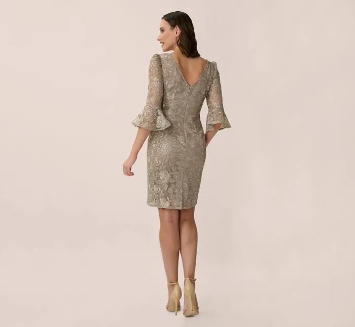 Short Dresses Womens Adrianna Papell Bell Sleeve Rose Embroidered Sheath Dress In Marble