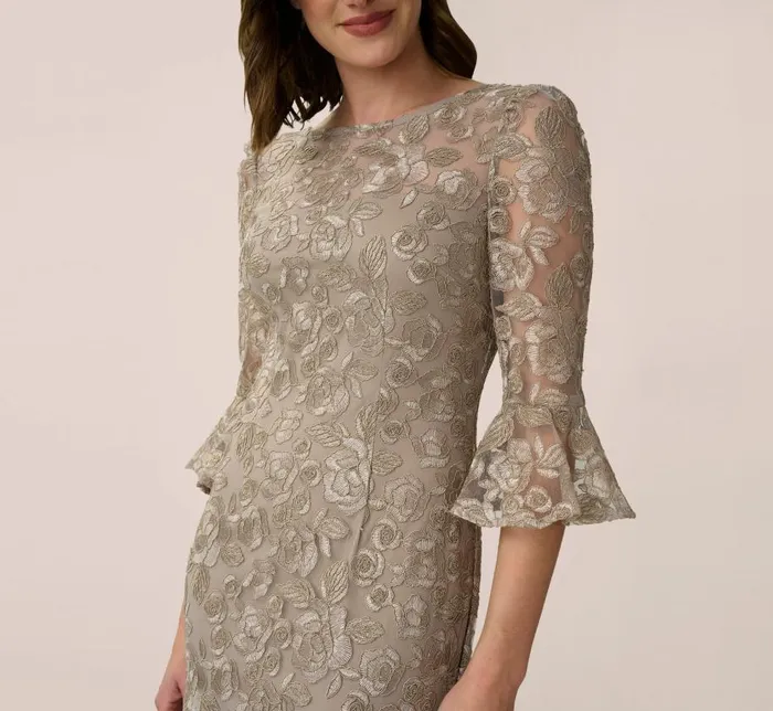 Short Dresses Womens Adrianna Papell Bell Sleeve Rose Embroidered Sheath Dress In Marble