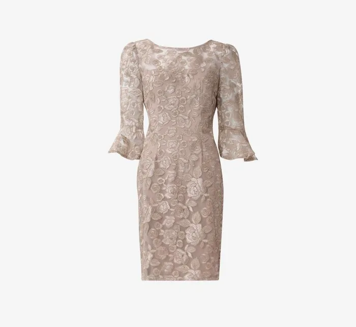 Short Dresses Womens Adrianna Papell Bell Sleeve Rose Embroidered Sheath Dress In Marble