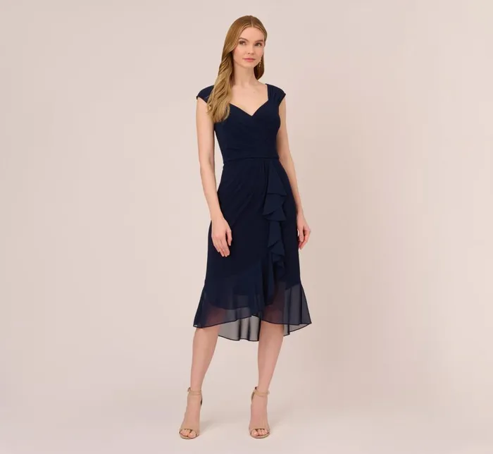 Short Dresses Womens Adrianna Papell Chiffon And Jersey Flounce Draped Dress With Pleated Details In Midnight Short Dresses Womens Adrianna Papell Chiffon And Jersey Flounce Draped Dress With Pleated Details In Midnight