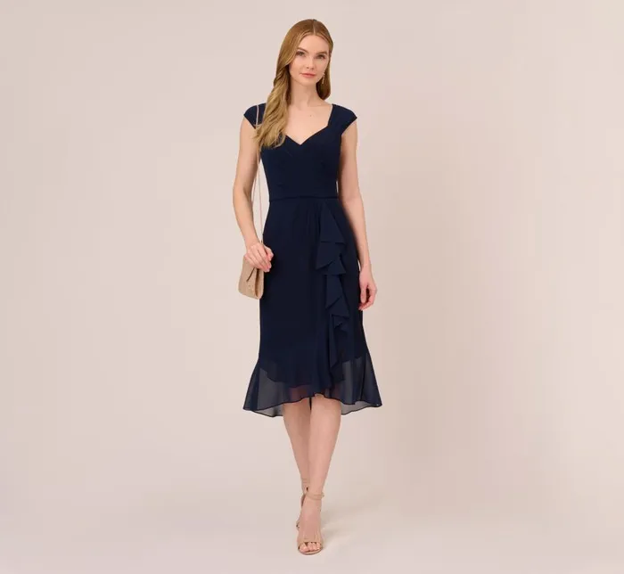 Short Dresses Womens Adrianna Papell Chiffon And Jersey Flounce Draped Dress With Pleated Details In Midnight