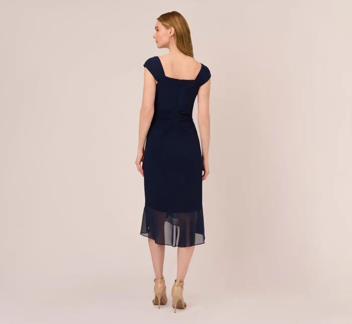 Short Dresses Womens Adrianna Papell Chiffon And Jersey Flounce Draped Dress With Pleated Details In Midnight