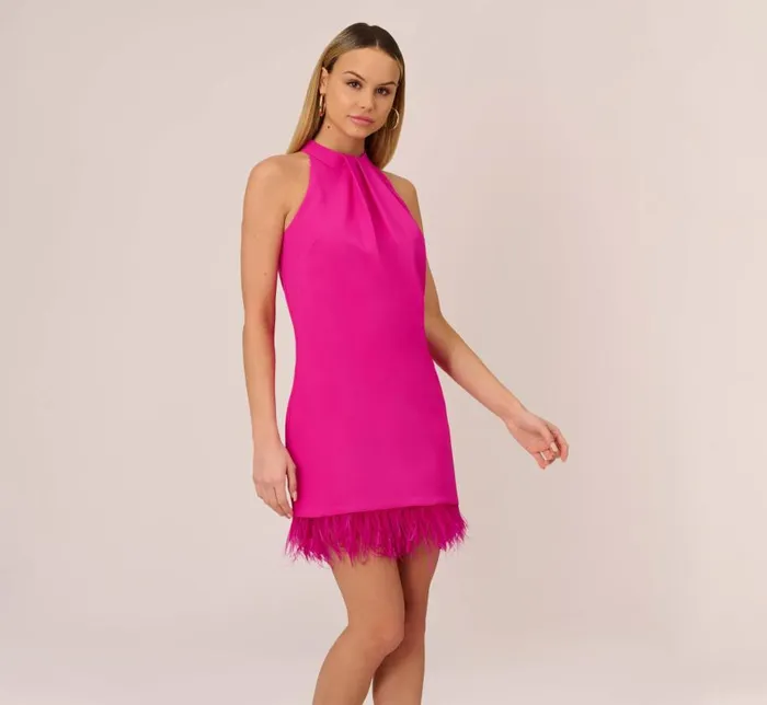 Short Dresses Womens Adrianna Papell Feather Trimmed Crepe Short Cocktail Trapeze Halter Dress In Pink Flame Short Dresses Womens Adrianna Papell Feather Trimmed Crepe Short Cocktail Trapeze Halter Dress In Pink Flame