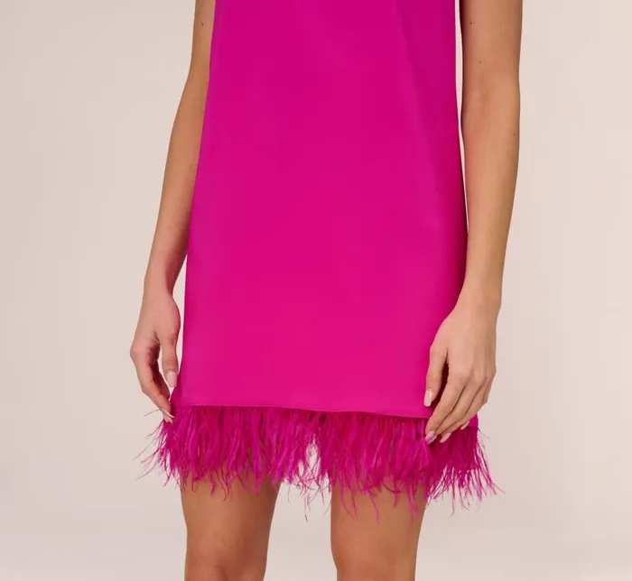 Short Dresses Womens Adrianna Papell Feather Trimmed Crepe Short Cocktail Trapeze Halter Dress In Pink Flame