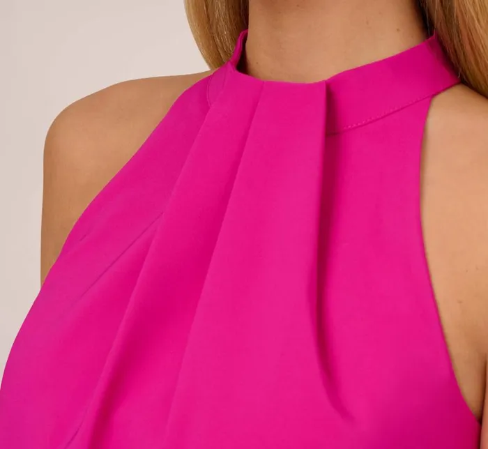 Short Dresses Womens Adrianna Papell Feather Trimmed Crepe Short Cocktail Trapeze Halter Dress In Pink Flame