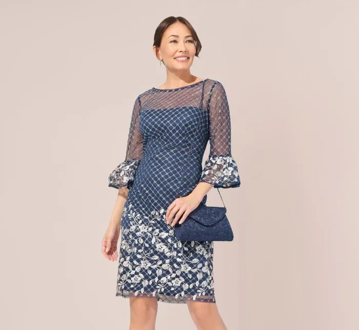 Short Dresses Womens Adrianna Papell Floral Lattice Embroidered Sheath Dress With Sheer Sleeves In Navy Ivory Short Dresses Womens Adrianna Papell Floral Lattice Embroidered Sheath Dress With Sheer Sleeves In Navy Ivory