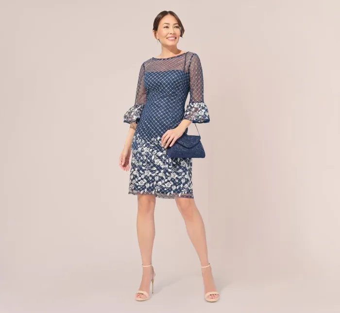 Short Dresses Womens Adrianna Papell Floral Lattice Embroidered Sheath Dress With Sheer Sleeves In Navy Ivory