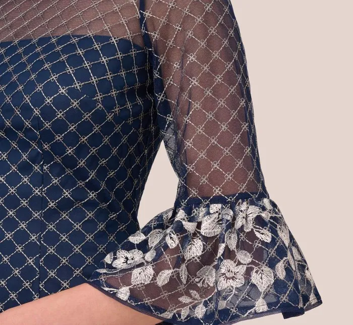 Short Dresses Womens Adrianna Papell Floral Lattice Embroidered Sheath Dress With Sheer Sleeves In Navy Ivory