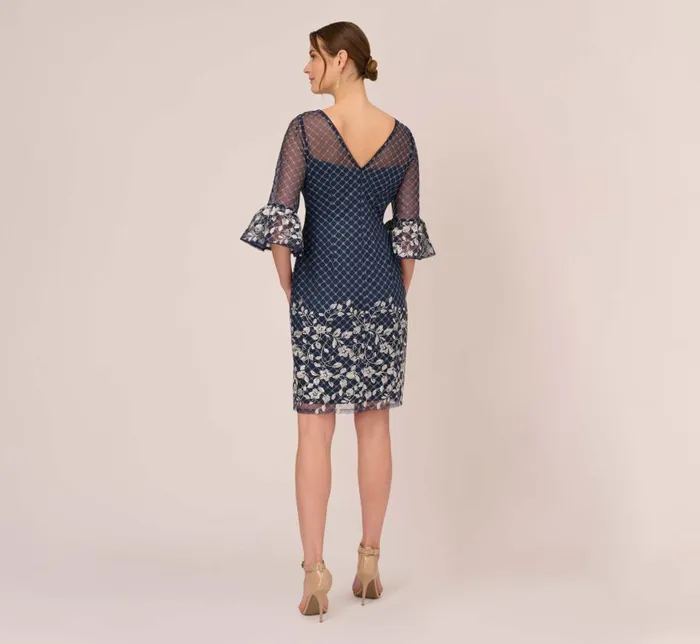 Short Dresses Womens Adrianna Papell Floral Lattice Embroidered Sheath Dress With Sheer Sleeves In Navy Ivory