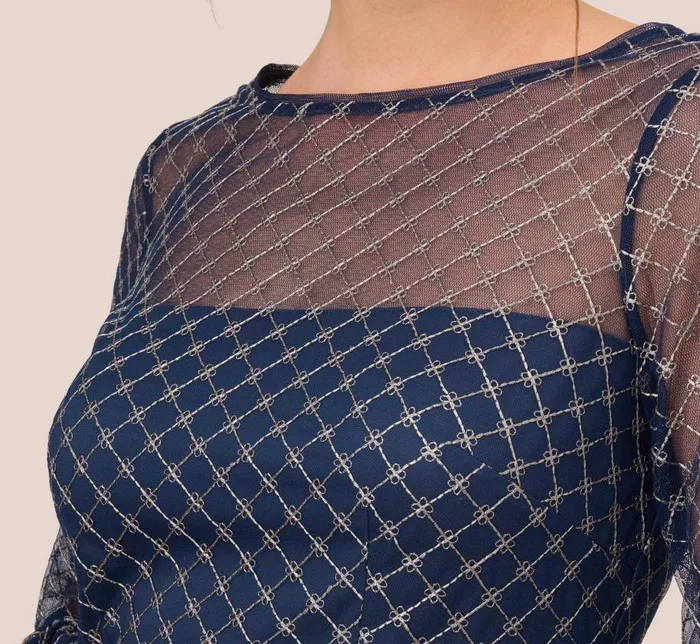 Short Dresses Womens Adrianna Papell Floral Lattice Embroidered Sheath Dress With Sheer Sleeves In Navy Ivory