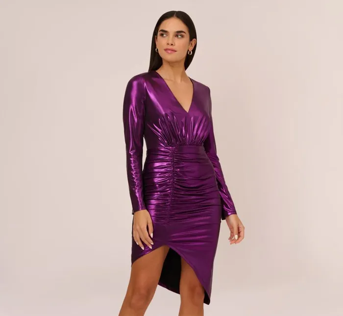 Short Dresses Womens Adrianna Papell Metallic Knit Long Sleeve Asymmetrical Dress With Ruched Details In Wild Orchid