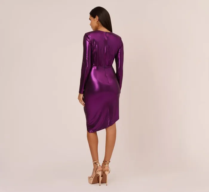 Short Dresses Womens Adrianna Papell Metallic Knit Long Sleeve Asymmetrical Dress With Ruched Details In Wild Orchid