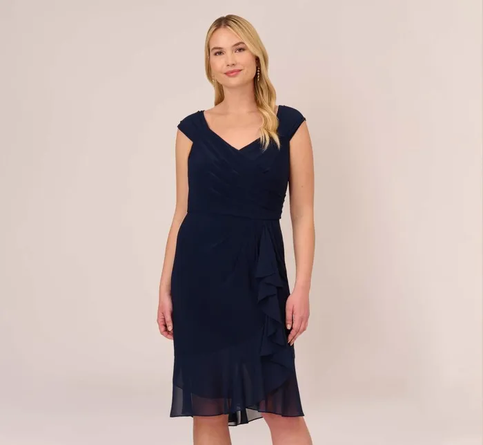 Short Dresses Womens Adrianna Papell Plus Size Chiffon And Jersey Flounce Draped Dress With Pleated Details In Midnight Short Dresses Womens Adrianna Papell Plus Size Chiffon And Jersey Flounce Draped Dress With Pleated Details In Midnight