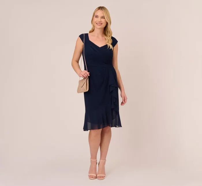 Short Dresses Womens Adrianna Papell Plus Size Chiffon And Jersey Flounce Draped Dress With Pleated Details In Midnight