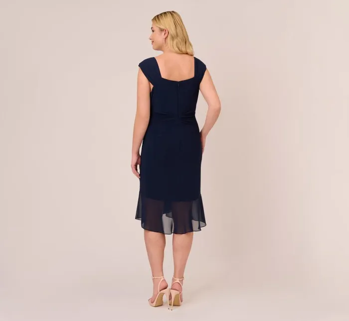 Short Dresses Womens Adrianna Papell Plus Size Chiffon And Jersey Flounce Draped Dress With Pleated Details In Midnight