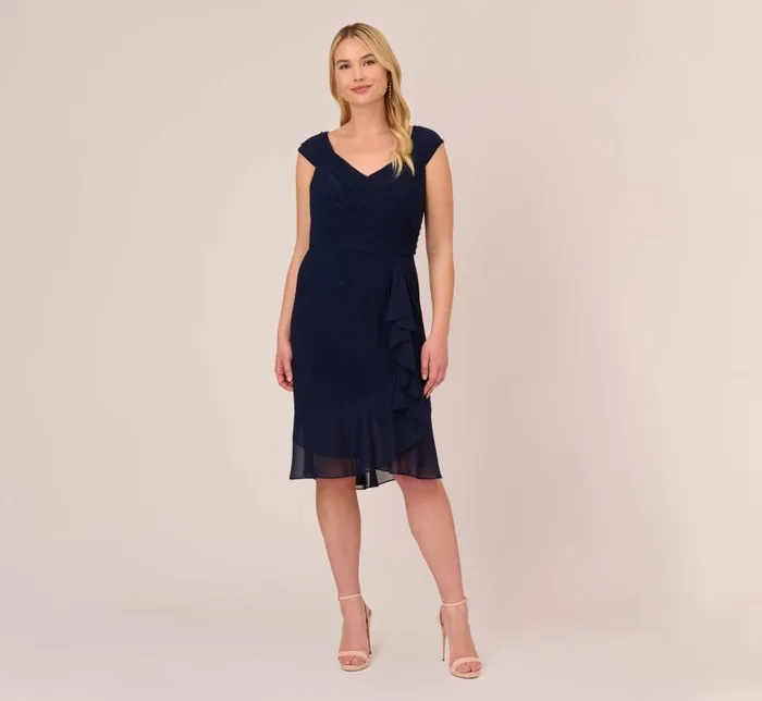 Short Dresses Womens Adrianna Papell Plus Size Chiffon And Jersey Flounce Draped Dress With Pleated Details In Midnight