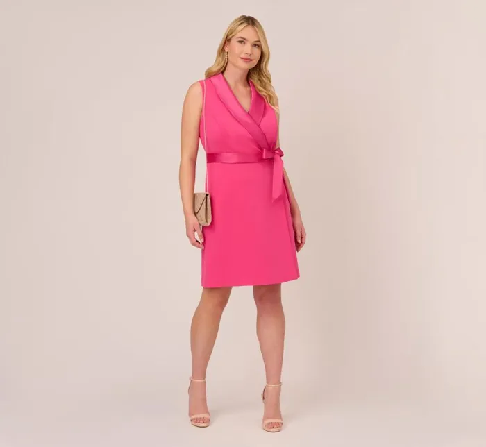 Short Dresses Womens Adrianna Papell Plus Size Crepe Tuxedo Short Faux Wrap Dress In Cabaret Pink